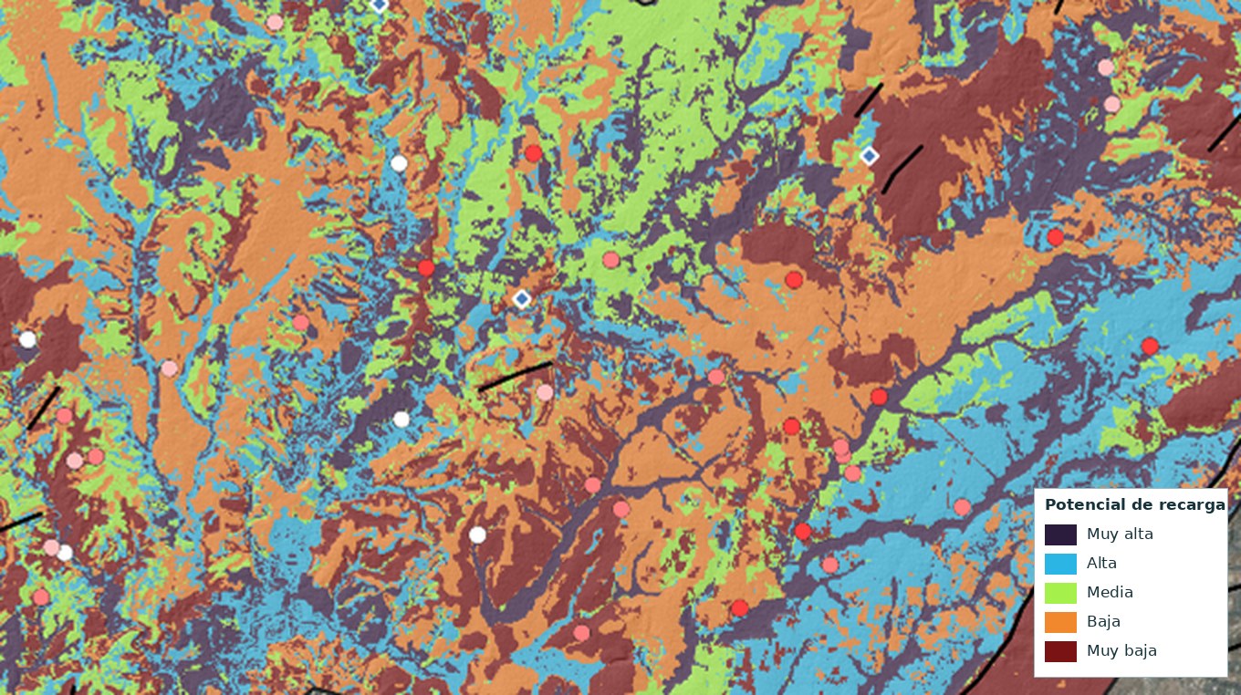 Detalle del mapa de zonas favorables para la recarga en un acuífero