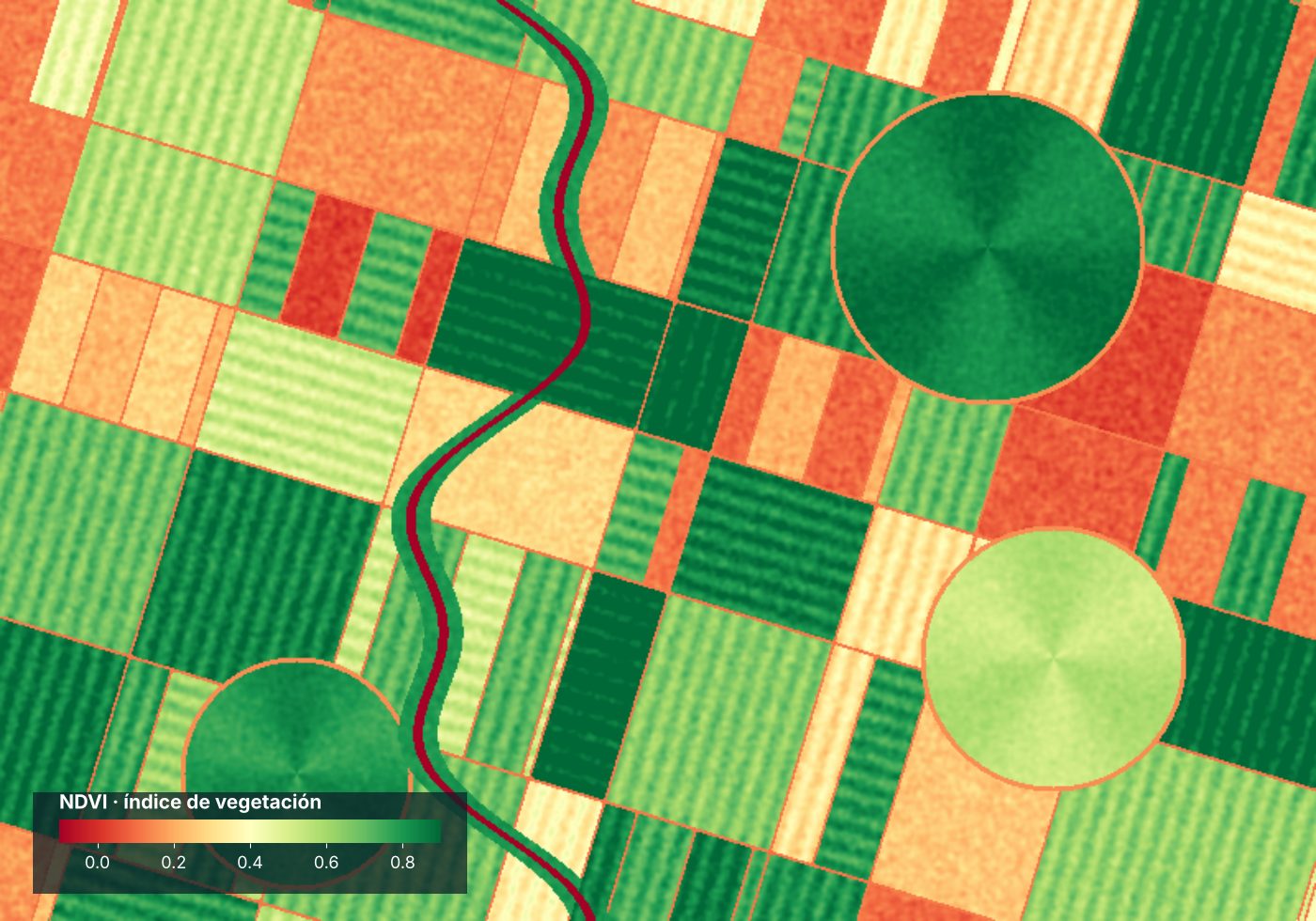 Mapa de NDVI con parcelas agrícolas, pívots de riego y un arroyo con vegetación de ribera
